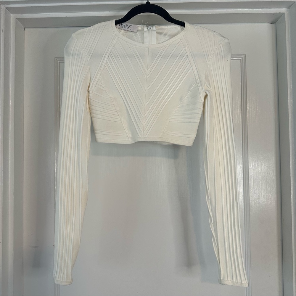 House of London Shirt Womens XS White Long Sleeve Cropped Zipper Textured